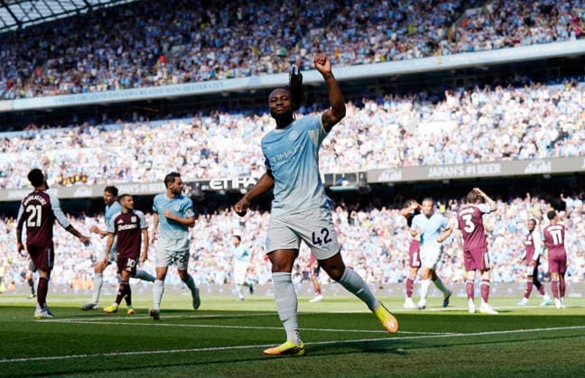 Manchester, England, 24th May 2026. Antoine Semenyo of Manchester City celebrates scoring the first goal during the Manchester City vs Aston Villa Premier League match at the Etihad Stadium, Manchester. Picture credit should read: Andrew Yates Sportimage EDITORIAL USE ONLY. No use with unauthorised audio, video, data, fixture lists, club league logos or live services. Online in-match use limited to 120 images, no video emulation. No use in betting, games or single club league player publications. SPI_022_AY_Man_City_Villa SPI-4819-0029