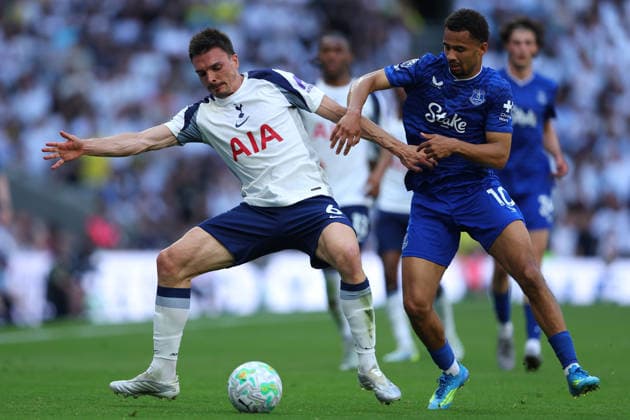 24th May 2026; Tottenham Hotspur Stadium, London, England; Premier League Football, Tottenham Hotspur versus Everton; Joao Palhinha of Tottenham Hotspur under pressure from Iliman Ndiaye of Everton JPxFletcher