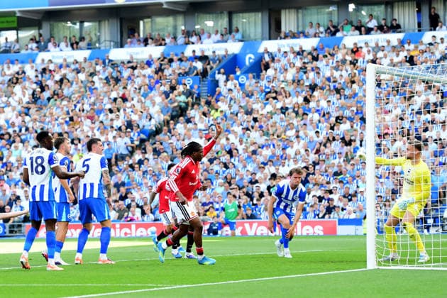Brighton and Hove Albion v Manchester United, ManU Premier League GOAL CELEBRATION 0-1 by goal-scorer Patrick Chinazaekpere Dorgu Defender of Manchester United during the Premier League match between Brighton and Hove Albion and Manchester United at the American Express Stadium, Brighton and Hove, UK on 24 May 2026. Brighton and Hove American Express Stadium East Sussex UK Editorial use only DataCo restrictions apply See www.football-dataco.com , Copyright: xJeffxMoodx PSI-24304-0023