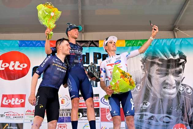 Grand Prix Criquielion 2026 Cycling Race LESSINES, BELGIUM - MAY 24 : Thierry Pierre (FRA) of TotalEnergies, Borgo Alessandro (ITA) of Bahrain Victorius, Wright Fred (GBR) of Pinarello Q36.5 Pro Cycling Team on the podium during the 58th edition of Grand Prix Criquielion an UCI Class 1.1 one day cycling road race for Men Elite of km with start in Ath and finish in Lessines on May 24, 2026 in Lessines, Belgium, 24 05 2026 Lessines Belgium  Copyright: xSesx