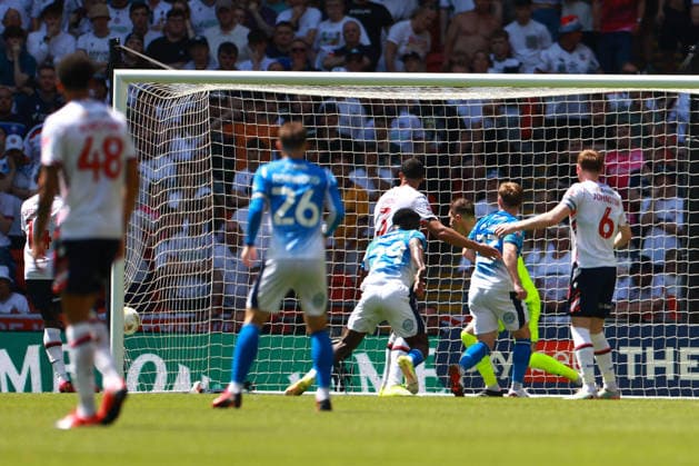 LONDON, ENGLAND - MAY 24: Adama Sidibeh of Stockport County scores a goal during the Sky Bet League One Play-Off Final match between Bolton Wanderers and Stockport County at Wembley Stadium on May 24, 2026 in London, England.  Copyright: xMBxMediax