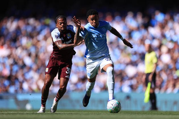 Football - Premier League - Manchester City v Aston Villa 24th May 2026 - Premier League - Manchester City v Aston Villa - Leon Bailey of Aston Villa battles with Savinho of Manchester City - Photo: Simon Stacpoole Offside. Manchester UK Copyright: xSimonxStacpoolexOffside