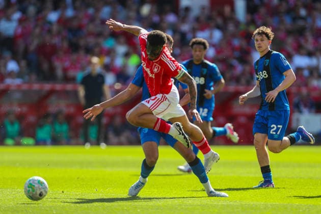 Nottingham Forest v AFC Bournemouth, Premier League Morgan Gibbs-White Of Nottingham Forest is fouled by James Hill Of AFC Bournemouth during the Nottingham Forest v AFC Bournemouth Premier League match at the City Ground, West Bridgford, England on 23 May 2026 Credit: Lee Keuneke Every Second Media Editorial use only. All images are copyright Every Second Media Limited. No images may be reproduced without prior permission. All rights reserved. Premier League and Football League images are subject to licensing agreements with Football DataCo Limited. see https: www.football-dataco.com Copyright: xIMAGO EveryxSecondxMediax ESM-2007-0068 LeexKeunekex xEveryxSecondxMediax