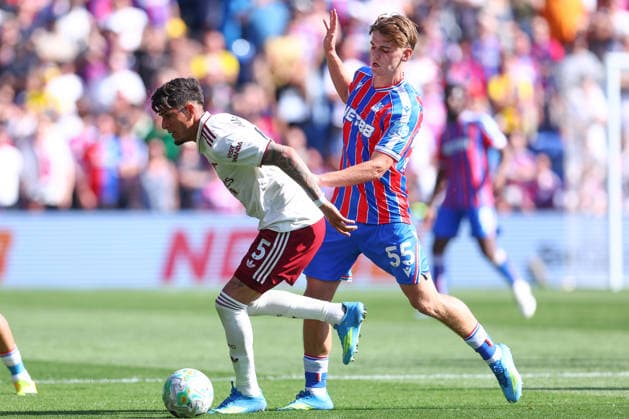 London, England, 24th May 2026. Piero Hincapie of Arsenal and Justin Devenny of Crystal Palace challenge for the ball during the Crystal Palace vs Arsenal Premier League match at Selhurst Park, London. Picture credit should read: Paul Terry Sportimage EDITORIAL USE ONLY. No use with unauthorised audio, video, data, fixture lists, club league logos or live services. Online in-match use limited to 120 images, no video emulation. No use in betting, games or single club league player publications. SPI_047_PT_Palace_Arsenal SPI-4818-0042