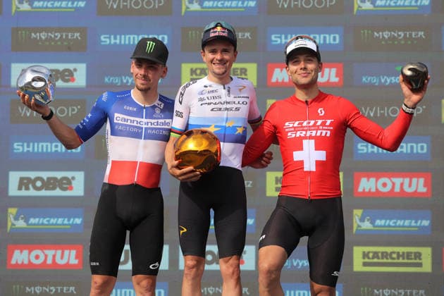 World Cup cross country mountain elite men s race, Vysocina Arena, Nove Mesto na Morave, May 24, 2026. From left: the second placed Luca Martin from France, winner Tom Pidcock from United Kingdom and the third placed Filippo Colombo from Switzerland. (CTKxPhoto LiborxPlihal) CTKPhotoP2026052404873  CTKPhotoP2026052404873