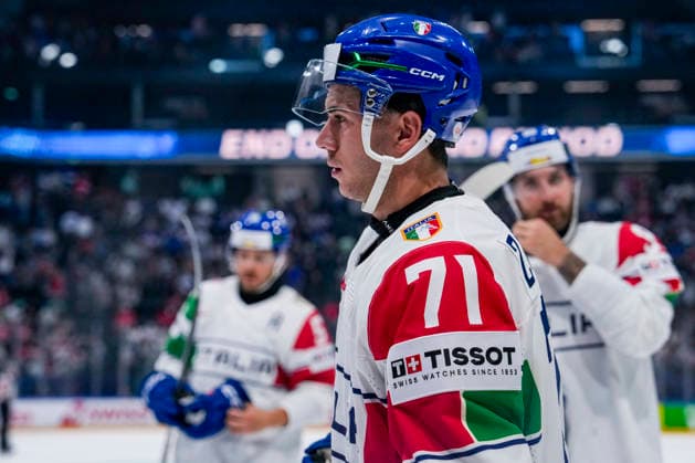 FRIBOURG, SWITZERLAND - MAY 24: Marco Zanetti of Italy during the 2026 IIHF Ice hockey, Eishockey World Championship, WM, Weltmeisterschaft Switzerland game between Denmark and Italy at BCF Arena on May 24, 2026 in Fribourg, Fribourg. Fribourg BCF Arena Fribourg Switzerland Copyright: xJustPictures.ch JarixPestelaccix jp-en-EuSpIm-JP6_JAR_Denmark_Italy_24May2026_00112
