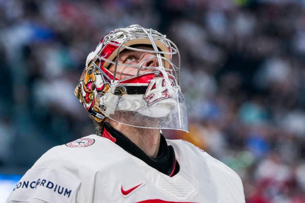FRIBOURG, SWITZERLAND - MAY 24: goalkeeper Mads Sogaard of Denmark during the 2026 IIHF Ice hockey, Eishockey World Championship, WM, Weltmeisterschaft Switzerland game between Denmark and Italy at BCF Arena on May 24, 2026 in Fribourg, Fribourg. Fribourg BCF Arena Fribourg Switzerland Copyright: xJustPictures.ch JarixPestelaccix jp-en-EuSpIm-JP6_JAR_Denmark_Italy_24May2026_00121