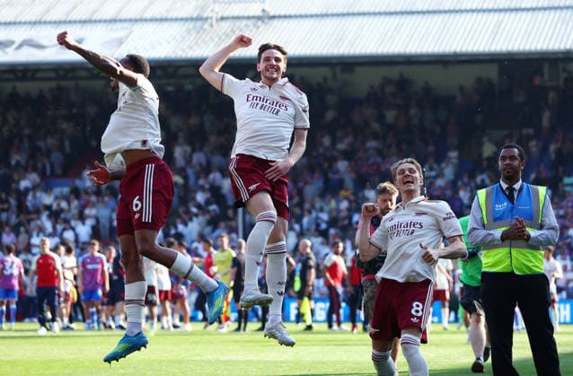 London, England, 24th May 2026. Arsenal players celebrate on the final whistle during the Crystal Palace vs Arsenal Premier League match at Selhurst Park, London. Picture credit should read: Paul Terry Sportimage EDITORIAL USE ONLY. No use with unauthorised audio, video, data, fixture lists, club league logos or live services. Online in-match use limited to 120 images, no video emulation. No use in betting, games or single club league player publications. SPI_065_PT_Palace_Arsenal SPI-4818-0063