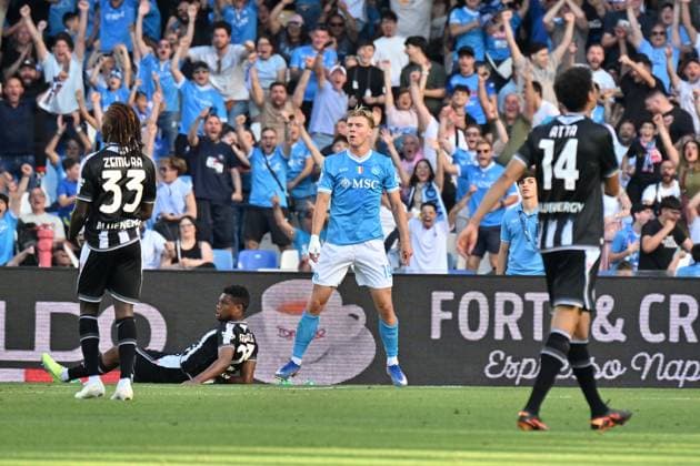 Foto IPP Felice De Martino Napoli 24 05 2026 Calcio Campionato serie A 2025-2026 Napoli - Udinese Nella foto: Esultanza dopo il gol di Rasmus Hojlund Italy Photo Press World Copyright Napoli italy Italia ITALY  Copyright: xR4924_italyphotopressx