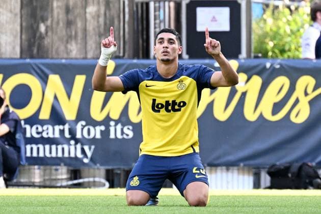 Union s Anan Khalaili celebrates after scoring the 4-0 goal during a soccer match between Royale Union Saint-Gilloise and RSC Anderlecht, Sunday 24 May 2026 in Brussels, on the last day of the Champion s Play-offs of the 2025-2026 Jupiler Pro League first division of the Belgian championship. MAARTENxSTRAETEMANS  x174940059x