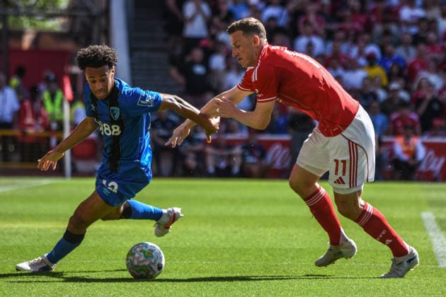 Nottingham Forest v Bournemouth, English Premier League, The City Ground, Nottingham, UK - 24 May 2026 Bournemouth s Tyler Adams and Nottingham Forest s Chris Wood challenge for the ball , UK NEWSPAPERS OUT Copyright: xRichardxBowcottx