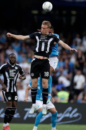 Italy: Serie a football match SSC Napoli vs Udinese Napoli s Brazilian defender Juan Jesus challenges for the ball with Udinese s Polish forward Adam Buksa during the Serie A football match between SSC Napoli and Udinese at the Diego Armando Maradona Stadium in Naples, on May 24, 2026. _BPH3522 Copyright: xAntonioxBalascox