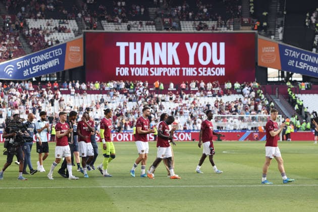 West Ham v Leeds 24 May 2026, London - Premier League Football - West Ham United v Leeds United - The big screens thank fans for their support as the players complete a quiet lap of honour after being relegated to the Championship - Photo: Charlotte Wilson Offside. London UK Copyright: xCharlottexWilsonx xOffsidexOffside
