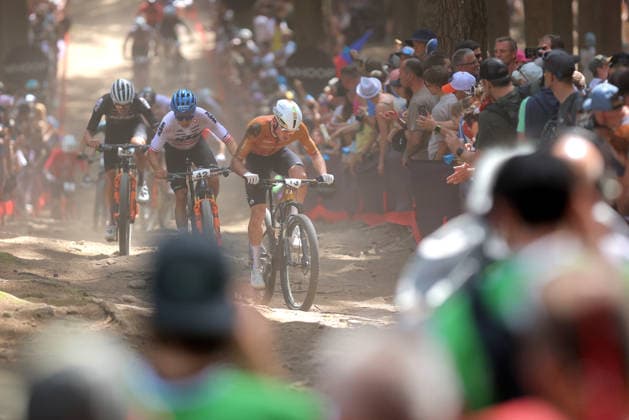World Cup cross country mountain elite men s race, Vysocina Arena, Nove Mesto na Morave, May 24, 2026. From left: Mathis Guay from France, Maximilian Foidl from Austria and Mathis Azzaro from France. (CTKxPhoto LiborxPlihal) CTKPhotoP2026052405467  CTKPhotoP2026052405467
