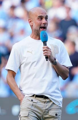 Manchester, England, 24th May 2026. Pep Guardiola coach of Manchester City talks to the fans at the end of his last match as manager during the Manchester City vs Aston Villa Premier League match at the Etihad Stadium, Manchester. Picture credit should read: Andrew Yates Sportimage EDITORIAL USE ONLY. No use with unauthorised audio, video, data, fixture lists, club league logos or live services. Online in-match use limited to 120 images, no video emulation. No use in betting, games or single club league player publications. SPI_089_AY_Man_City_Villa SPI-4819-0094