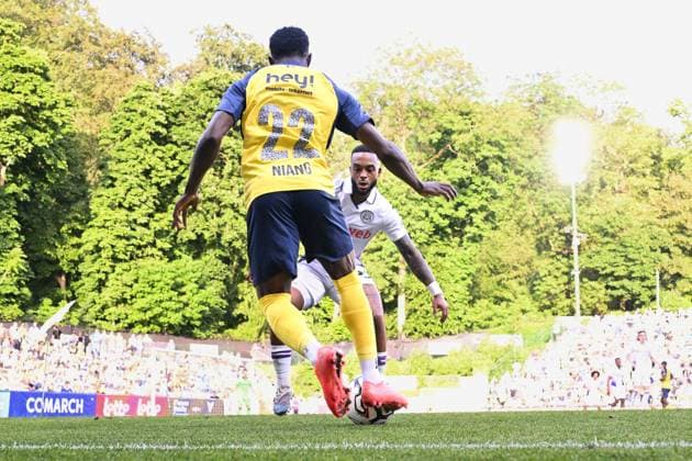 Union s Ousseynou Niang and Anderlecht s Killian Sardella fight for the ball during a soccer match between Royale Union Saint-Gilloise and RSC Anderlecht, Sunday 24 May 2026 in Brussels, on the last day of the Champion s Play-offs of the 2025-2026 Jupiler Pro League first division of the Belgian championship. MAARTENxSTRAETEMANS  x174944755x