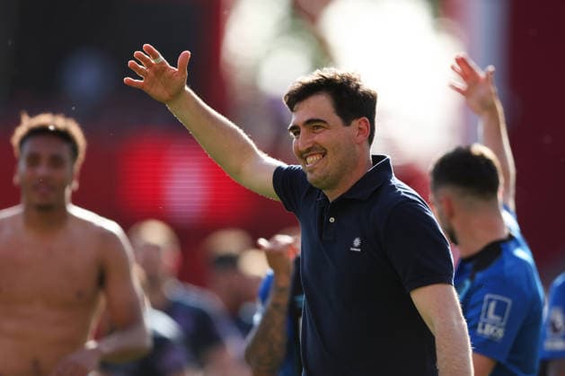 Nottingham, England, 24th May 2026. Andoni Iraola, Manager of AFC Bournemouth, celebrates following the Nottingham Forest vs AFC Bournemouth Premier League match at the City Ground, Nottingham. Picture credit should read: Jessica Hornby Sportimage EDITORIAL USE ONLY. No use with unauthorised audio, video, data, fixture lists, club league logos or live services. Online in-match use limited to 120 images, no video emulation. No use in betting, games or single club league player publications. SPI_043_JH_NOTTINGHAM_FOREST_BOURNEMOUTH SPI-4820-0043