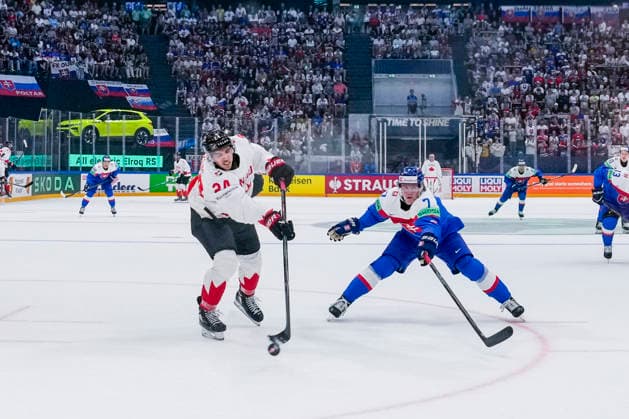 FRIBOURG, SWITZERLAND - MAY 24: Dylan Cozens of Canada L) against Maxim Strbak of Slovakia R) during the 2026 IIHF Ice hockey, Eishockey World Championship, WM, Weltmeisterschaft Switzerland game between Slovakia and Canada at BCF Arena on May 24, 2026 in Fribourg, Fribourg. Fribourg BCF Arena Fribourg Switzerland Copyright: xJustPictures.ch JarixPestelaccix jp-en-EuSpIm-JP6_JAR_Slovakia_Canada_24May2026_00059