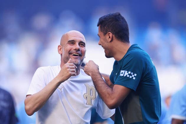 Football - Premier League - Manchester City v Aston Villa 24th May 2026 - Premier League - Manchester City v Aston Villa - Manchester City manager Pep Guardiola laughs and smiles with Rodri of Manchester City after the match - Photo: Simon Stacpoole Offside. Manchester UK Copyright: xSimonxStacpoolexOffside