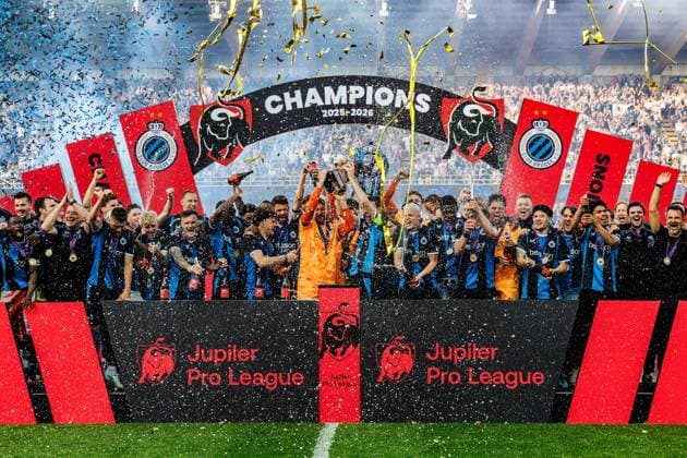 Club s players celebrate on the podium after winning a game between Belgian soccer team Club Brugge KV and KAA Gent, Sunday 24 May 2026 in Brugge, on the last day of the Champion s Play-offs of the 2025-2026 Jupiler Pro League first division of the Belgian championship. KURTxDESPLENTER  x174948418x