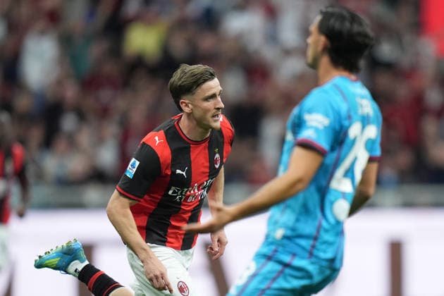 AC Milan s Alexis Saelemaekers celebrates after scoring 1-0 during the Serie A soccer match between Milan and Cagliari at the San Siro Stadium in Milan , north Italy - Saturday , May 24 , 2026. - Soccer .  Copyright: xSpada LaPressex
