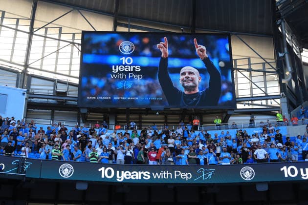 24th May 2026; Etihad Stadium, Manchester, Lancashire, England; Premier League Football, Manchester City versus Aston Villa; the main scoreboard celebrates 10 years of Pep Guardiola as Manchester City manager DavidxBlunsden
