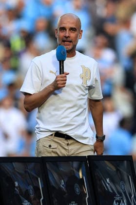 24th May 2026; Etihad Stadium, Manchester, Lancashire, England; Premier League Football, Manchester City versus Aston Villa; Manchester City manager Pep Guardiola gives a speech after the match DavidxBlunsden