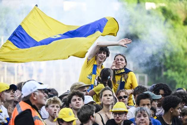 Union s supporters celebrate after a soccer match between Royale Union Saint-Gilloise and RSC Anderlecht, Sunday 24 May 2026 in Brussels, on the last day of the Champion s Play-offs of the 2025-2026 Jupiler Pro League first division of the Belgian championship. TOM GOYVAERTS TomxGoyvaerts  x174949874x
