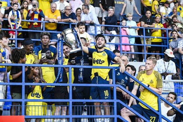 Union s Anouar Ait El Hadj celebrates with the Belgian cup after a soccer match between Royale Union Saint-Gilloise and RSC Anderlecht, Sunday 24 May 2026 in Brussels, on the last day of the Champion s Play-offs of the 2025-2026 Jupiler Pro League first division of the Belgian championship. TOM GOYVAERTS TomxGoyvaerts  x174950119x