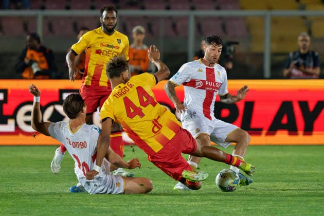 IPA85047200 - Tiago Gabriel of US Lecce in action against Lorenzo Colombo of Genoa CFC and Stefano Sabelli of Genoa CFC during US Lecce vs Genoa CFC, Italian soccer Serie A match in Lecce, Italy, May 24 2026  Copyright: xEmmanuelexMastrodonato IPAxSportx xx 85047200