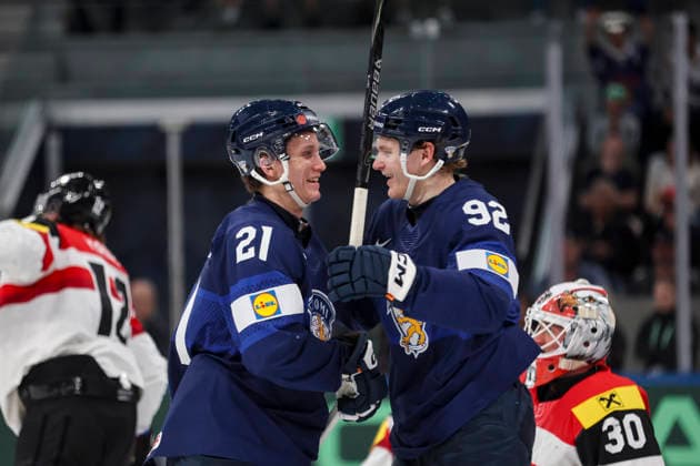 Ice hockey, Eishockey - IIHF WC 2026 ZURICH,SWITZERLAND,24.MAY.26 - ICE HOCKEY - IIHF Ice Hockey World Championship, WM, Weltmeisterschaft 2026, group stage, Austria vs Finland. Image shows Patrik Puistola and Lenni Hameenaho (FIN).  GEPAxpictures xMaticxKlansek