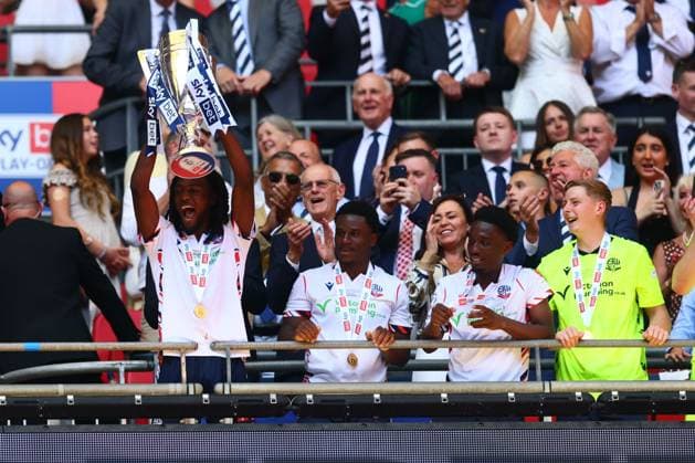 Ibrahim Cissoko of Bolton Wanderers lifts the Sky Bet League One Play Off Trophy Bolton Wanderers v Stockport County, EFL Sky Bet League One, Play-Off Final, Football, Wembley Stadium, London, UK - 24 May 2026London Wembley Stadium United Kingdom EDITORIAL USE ONLY No use with unauthorised audio, video, data, fixture lists, club league logos or live services. Online in-match use limited to 120 images, no video emulation. No use in betting, games or single club league player publications.  Copyright: xPaulxCurrie Shutterstockx 16889803hm