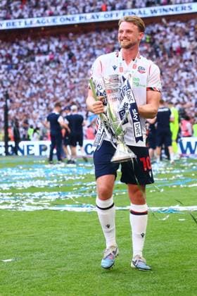 Sam Dalby of Bolton Wanderers celebrates at the end of the match Bolton Wanderers v Stockport County, EFL Sky Bet League One, Play-Off Final, Football, Wembley Stadium, London, UK - 24 May 2026London Wembley Stadium United Kingdom EDITORIAL USE ONLY No use with unauthorised audio, video, data, fixture lists, club league logos or live services. Online in-match use limited to 120 images, no video emulation. No use in betting, games or single club league player publications.  Copyright: xPaulxCurrie Shutterstockx 16889803ib