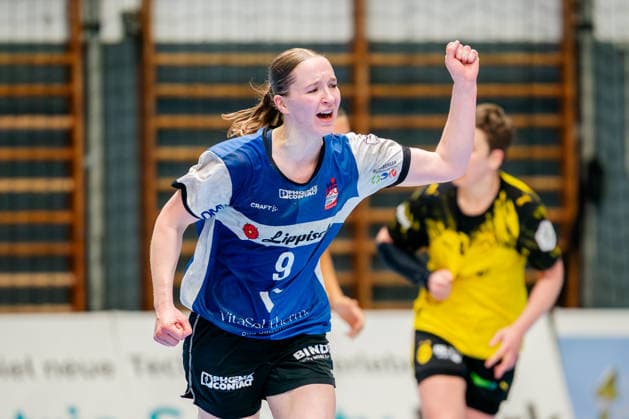 Blomberg, 24.05.2026, Handball, Frauen, Alsco Handball Bundesliga, Playoff, Finale Spiel 2, 2025 2026: HSG Blomberg-Lippe BVB Borussia Dortmund Nieke Kühne (HSG Blomberg-Lippe, 9) jubelt nach einem Treffer