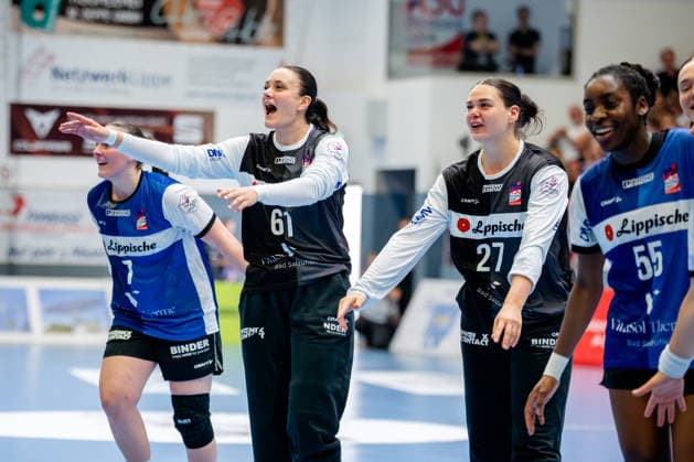 Blomberg, 24.05.2026, Handball, Frauen, Alsco Handball Bundesliga, Playoff, Finale Spiel 2, 2025 2026: HSG Blomberg-Lippe BVB Borussia Dortmund Glückliche Gesichter bei den Blomberger Spielerinnen Nicole Roth (HSG Blomberg-Lippe, 61) und Lara Lepschi (HSG Blomberg-Lippe, 27)