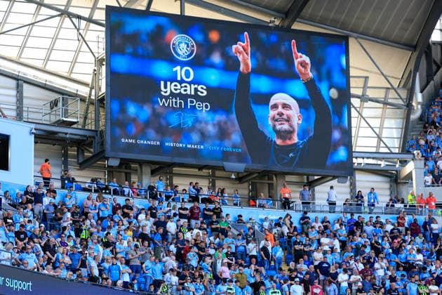 Manchester City v Aston Villa, Premier League Large screens salute ten years of Pep Guardiola during the celebrations at the end of the Premier League match between Manchester City and Aston Villa at the Etihad Stadium, Manchester, UK on 24 May 2026. Manchester Etihad Stadium Manchester UK Editorial use only DataCo restrictions apply See www.football-dataco.com , Copyright: xConorxMolloyx PSI-24291-0088