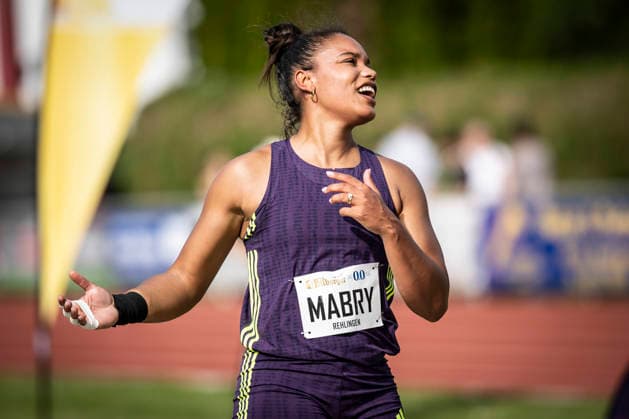 REHLINGEN , GERMANY - MAY 24: Shot putter Yemisi Mabry (GER MTG Mannheim) emotional during the 61. Internationales Pfingstsportfest on 24.05.2026 at the Bungertstadion in Rehlingen-Siersburg (Saarland Deutschland). Saarland Deutschland Copyright: xAxelxKohringx