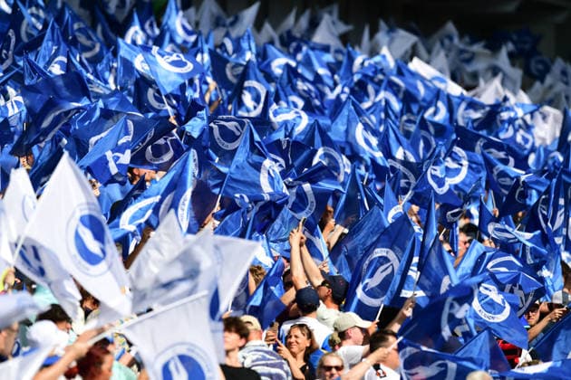 Brighton and Hove Albion v Manchester United, ManU Premier League A sea of blue and white flags by the Brighton fans during the Premier League match between Brighton and Hove Albion and Manchester United at the American Express Stadium, Brighton and Hove, UK on 24 May 2026. Brighton and Hove American Express Stadium East Sussex UK Editorial use only DataCo restrictions apply See www.football-dataco.com , Copyright: xJeffxMoodx PSI-24304-0104