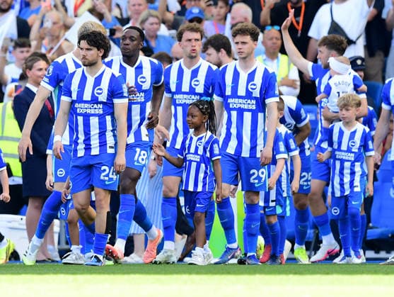 Brighton and Hove Albion v Manchester United, ManU Premier League Players and mascots come out onto the pitch before the Premier League match between Brighton and Hove Albion and Manchester United at the American Express Stadium, Brighton and Hove, UK on 24 May 2026. Brighton and Hove American Express Stadium East Sussex UK Editorial use only DataCo restrictions apply See www.football-dataco.com , Copyright: xJeffxMoodx PSI-24304-0107