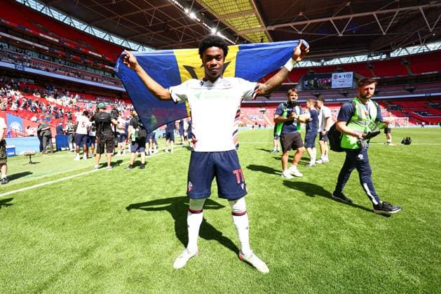 Thierry Gale of Bolton Wanderers celebrates at the end of the match Bolton Wanderers v Stockport County, EFL Sky Bet League One, Play-Off Final, Football, Wembley Stadium, London, UK - 24 May 2026London Wembley Stadium United Kingdom EDITORIAL USE ONLY No use with unauthorised audio, video, data, fixture lists, club league logos or live services. Online in-match use limited to 120 images, no video emulation. No use in betting, games or single club league player publications.  Copyright: xPaulxCurrie Shutterstockx 16889803md