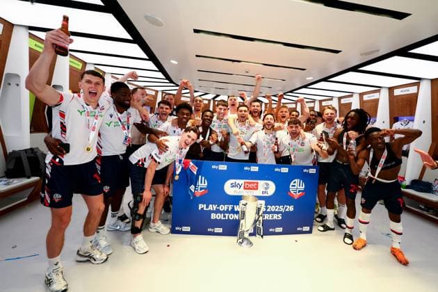 Bolton Wanderers celebrate in the changing room Bolton Wanderers v Stockport County, EFL Sky Bet League One, Play-Off Final, Football, Wembley Stadium, London, UK - 24 May 2026London Wembley Stadium United Kingdom EDITORIAL USE ONLY No use with unauthorised audio, video, data, fixture lists, club league logos or live services. Online in-match use limited to 120 images, no video emulation. No use in betting, games or single club league player publications.  Copyright: xPaulxCurrie Shutterstockx 16889803ob