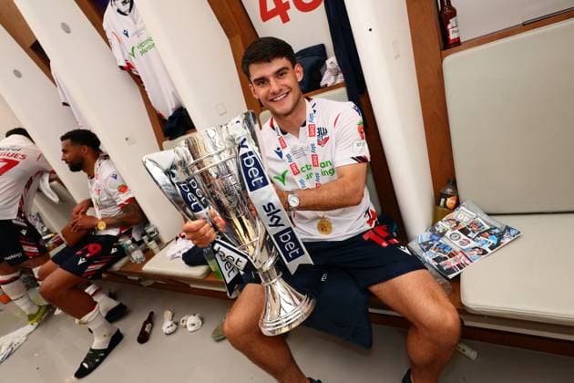 Rob Apter of Bolton Wanderers celebrates in the changing room Bolton Wanderers v Stockport County, EFL Sky Bet League One, Play-Off Final, Football, Wembley Stadium, London, UK - 24 May 2026London Wembley Stadium United Kingdom EDITORIAL USE ONLY No use with unauthorised audio, video, data, fixture lists, club league logos or live services. Online in-match use limited to 120 images, no video emulation. No use in betting, games or single club league player publications.  Copyright: xPaulxCurrie Shutterstockx 16889803ol