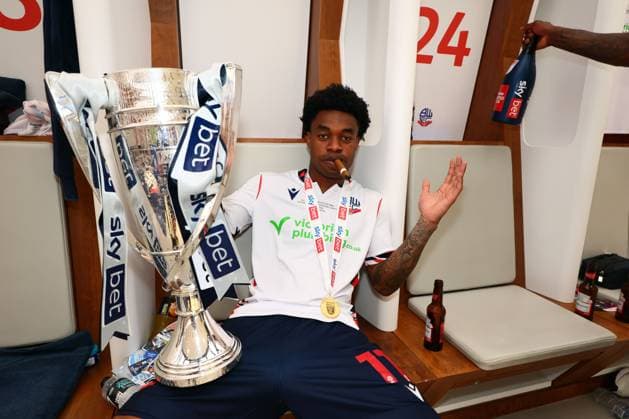 Thierry Gale of Bolton Wanderers celebrates in the changing room Bolton Wanderers v Stockport County, EFL Sky Bet League One, Play-Off Final, Football, Wembley Stadium, London, UK - 24 May 2026London Wembley Stadium United Kingdom EDITORIAL USE ONLY No use with unauthorised audio, video, data, fixture lists, club league logos or live services. Online in-match use limited to 120 images, no video emulation. No use in betting, games or single club league player publications.  Copyright: xPaulxCurrie Shutterstockx 16889803or