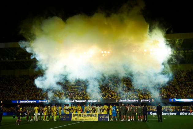 Villarreal players celebrates during the LaLiga EA Sports match between Villarreal CF and Atletico Madrid at Estadio de la Ceramica on May 24, 2026 in Villarreal, Spain. (Photo by Maria Jose Segovia DeFodi Images) -