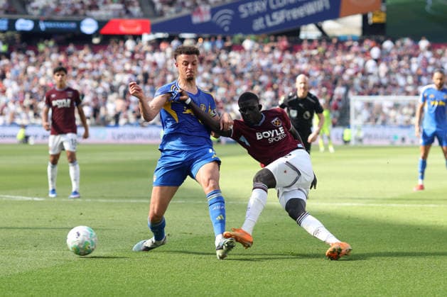 West Ham v Leeds 24 May 2026, London - Premier League Football - West Ham United v Leeds United - Ethan Ampadu of Leeds United and El Hadji Malick Diouf of West Ham United - Photo: Charlotte Wilson Offside. London UK Copyright: xCharlottexWilsonx xOffsidexOffside