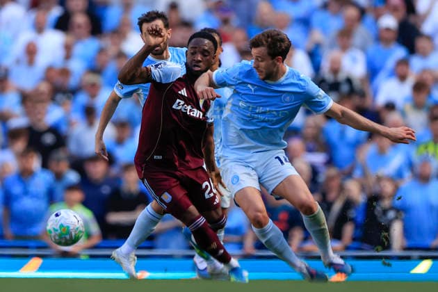 Manchester City v Aston Villa, Premier League Nico Gonzalez (14) of Manchester City and Lamare Bogarde (26) of Aston Villa challenge for the ball during the Premier League match between Manchester City and Aston Villa at the Etihad Stadium, Manchester, UK on 24 May 2026. Manchester Etihad Stadium Manchester UK Editorial use only DataCo restrictions apply See www.football-dataco.com , Copyright: xConorxMolloyx PSI-24291-0143