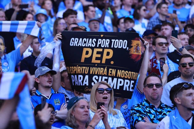 Football - Premier League - Manchester City v Aston Villa 24th May 2026 - Premier League - Manchester City v Aston Villa - Manchester City fans display a banner thanking Manchester City manager Pep Guardiola for his time at the club ahead of the match - Photo: Simon Stacpoole Offside. Manchester UK Copyright: xSimonxStacpoolexOffside
