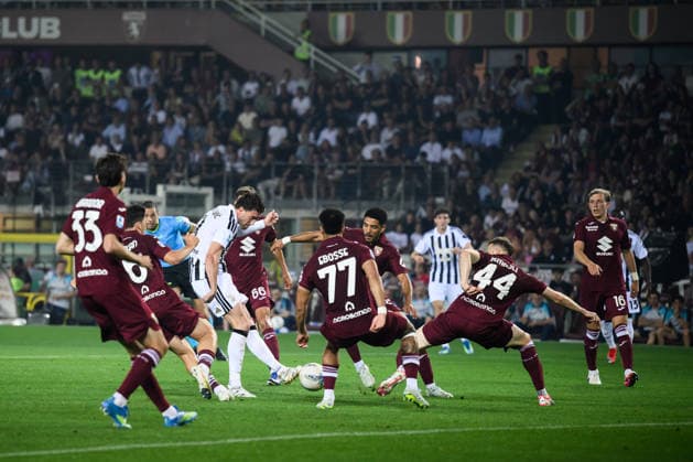 Torino FC v Juventus FC - Serie A Dusan Vlahovic of Juventus FC scores the opening goal during the Serie A football match between Torino FC and Juventus FC. Turin Italy Copyright: xNicolòxCampox
