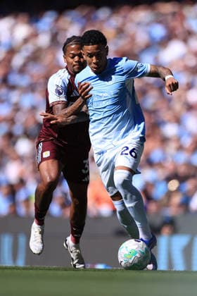 Football - Premier League - Manchester City v Aston Villa 24th May 2026 - Premier League - Manchester City v Aston Villa - Savinho of Manchester City battles with Leon Bailey of Aston Villa - Photo: Simon Stacpoole Offside. Manchester UK Copyright: xSimonxStacpoolexOffside