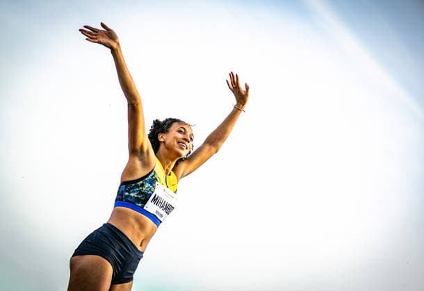 61. Internationales Pfingstsportfest; Rehlingen-Siersburg, 24.05.2026 Malaika Mihambo (GER LG Kurpfalz) macht einen kleinen Freudentanz nach ihren 6,82 Meter im sechsten und letzten Versuch in der Frauenkonkurrenz im Weitsprung. Mihambo gewinnt in einem packenden und spannenden Wettkampf schließlich mit einem Zentimeter Vorsprung; 61. Internationales Pfingstsportfest am 24.05.2026 im Bungertstadion in Rehlingen-Siersburg (Saarland). Copyright: xBEAUTIFULxSPORTS R.xSchmittx